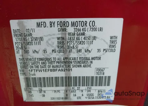 2011 Ford F-150 Fx4 z USA, uszkodzony, nr VIN 1FTFW1EF8BFA92101